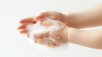 Obraz premium Washing hands with liquid soap bubble and foam cleaning home hygiene indoor close-up health awareness