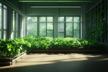 Bright greenhouse filled with lush greenery, sunlight illuminati