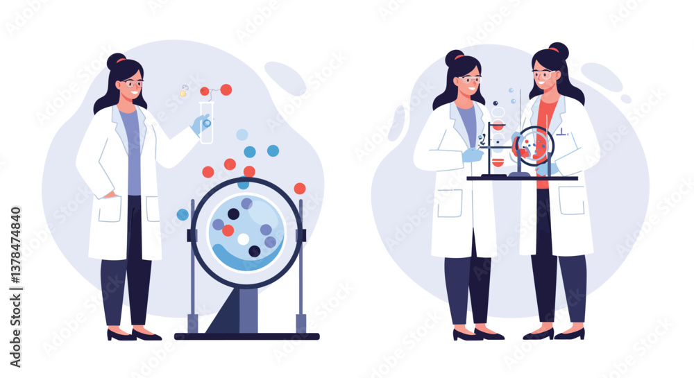 Poster scientist exploring reactions in laboratory with colorful elements flat vector art