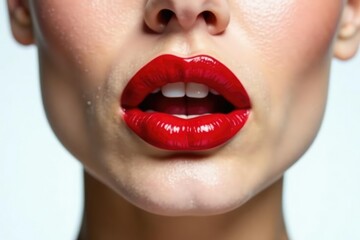 Obraz premium Close-up vibrant red lips, stark white backdrop, perfect lips, smooth, bold