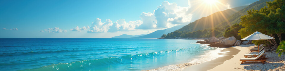 A serene tropical beach with crystal-clear blue water, white sand, and lush green hills under bright sunshine.