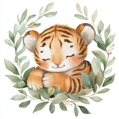 Charming tiger cub nestled among green leaves, conveying a sense of tranquility and innocence in a natural setting