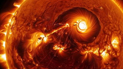 A stunning close-up of the Sun, showcasing its swirling, fiery surface with intense solar flares erupting into space. The plasma arcs dance along the magnetic field lines, creating a mesmerizing