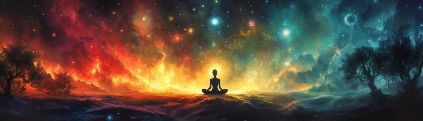Obraz premium Surreal Landscape with Floating Chakra Orbs Meditating in Cosmic Scenery