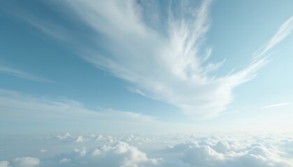 Wispy clouds streak across pale blue sky. Atmospheric view evokes serenity, calmness. Sky meets horizon. Aerial view, soft, peaceful daylight. Backdrop for meditation. Cloudscape design. Heavenly