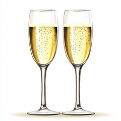Two champagne flutes filled with bubbly golden liquid.  Clear glass, elegant stems