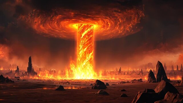 Inferno vortex, fiery tower, apocalyptic landscape