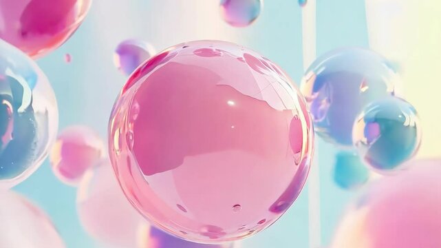 Pink bubbles floating on iridescent background