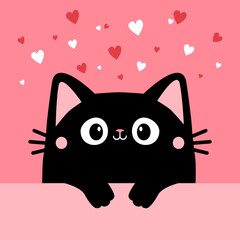 Cute cat kitty black silhouette with paws. Peeking kitten. Kawaii cartoon funny character. Happy Valentines Day. Childish style. Greeting card. Flat design. Pink background. White red hearts. Vector