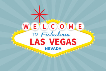 Welcome to Las Vegas sign icon. Nevada sight showplace symbol. Red star. Template for greeting card, banner, sticker print. Flat design. Isolated. Light of sunburst. Blue abstract background. Vector