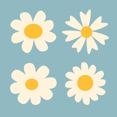 Daisy chamomile set. White Hand drawn Camomile icon. Cute round flower head plant collection. Love card symbol. Growing concept. Simple flat design. Childish style. Blue background Vector illustration