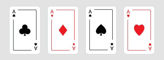 Playing card set. Four aces icon. Poker cards suits. Hearts, clubs, diamonds, spades ace line. Winning poker hand. Las Vegas Casino gambling concept. Flat design. White background. Isolated. Vector