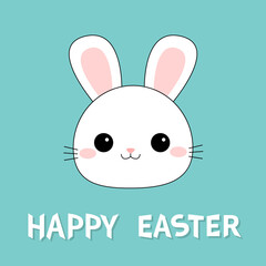 Happy Easter. Cute white rabbit bunny hare head face contour silhouette. Kawaii cartoon funny baby character. Pink cheeks, ears. Valentines Day. Greeting card. Blue background. Flat design. Vector