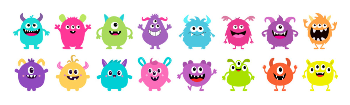 Naklejki Monster icon set line. Happy Halloween. Cute cartoon kawaii colorful scary funny character. Eyes, tongue, hands up. Baby collection. Sticker print. Childish style. Flat design. White background Vector