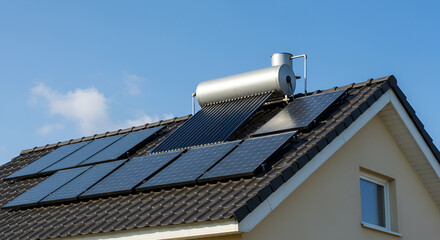 Solar water heater installed roof blue sky,Solar water heaters gleaming under the sun on a modern rooftop, showcasing a sustainable and eco-friendly approach to household energy needs