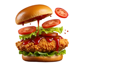 Crispy Chicken Burger isolated on transparent background, Tasty Fast Food Zinger burger PNG image, Crispy Chicken Burger with Fresh Ingredients and Sauce Splash