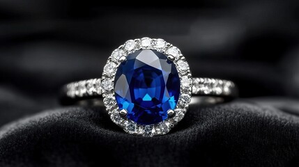 A sapphire gemstone ring with a halo of diamonds, shimmering on black velvet