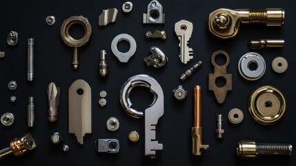 Assorted metal parts and components, meticulously arranged on a dark background