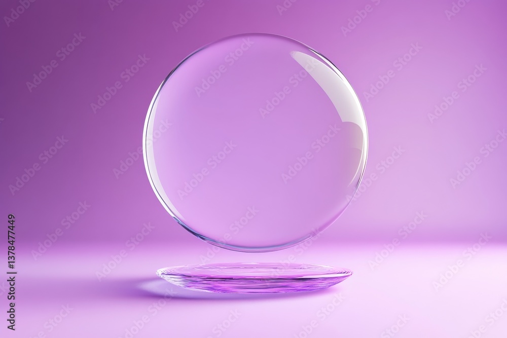 Poster Floating transparent bubble on a purple background reflecting soft light against a smooth surface