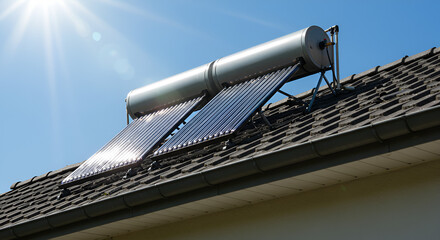 Solar water heater installed roof blue sky,Solar water heaters gleaming under the sun on a modern rooftop, showcasing a sustainable and eco-friendly approach to household energy needs