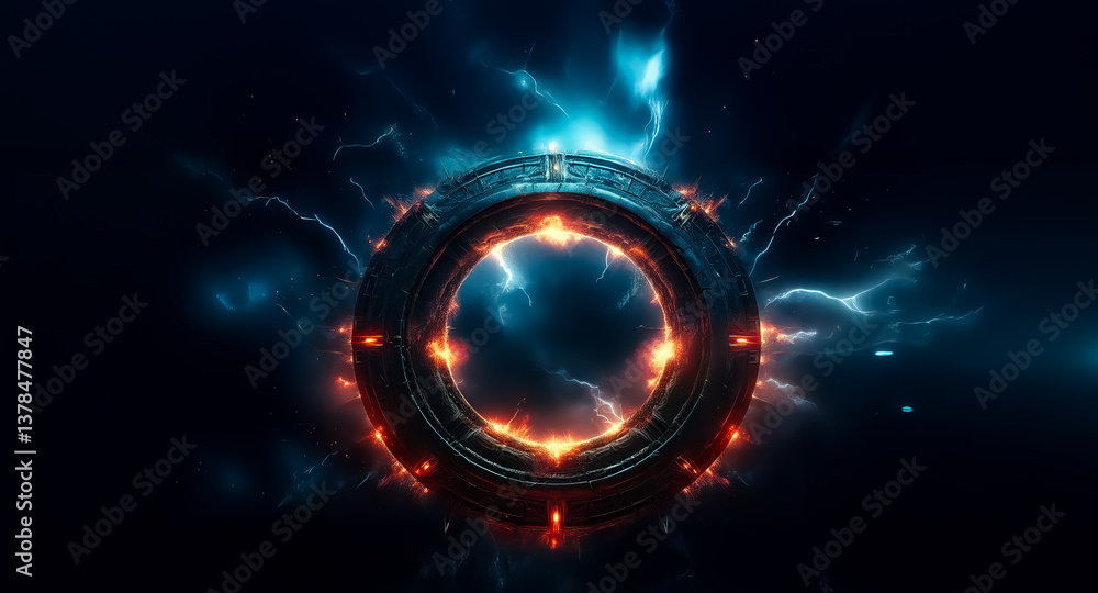 Leinwandbilder dark ring with glowing orange edges emits energy, surrounded by blue lightning on a dark backdrop. a