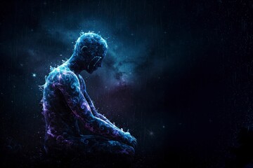A dark and shadowy silhouette of a figure against a nebulous and dark background.

