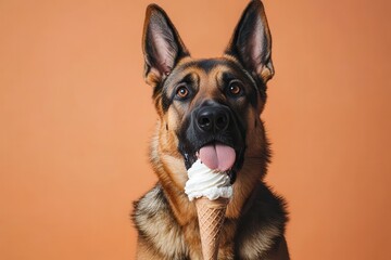 Obraz premium German shepherd dog enjoying ice cream in a studio with orange backdrop during daylight
