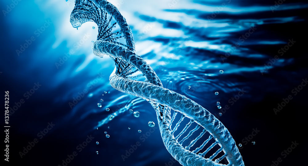 Poster abstract dna helix spirals against a dark blue, textured backdrop, illuminated from above creating d