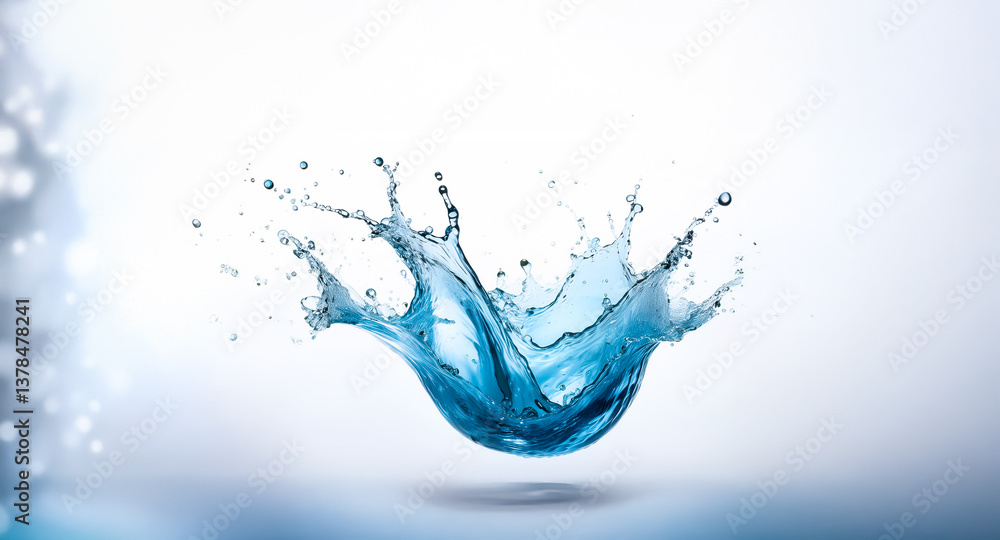 Poster a dynamic blue water splash erupts against a soft, blurred backdrop. the liquid motion creates an el