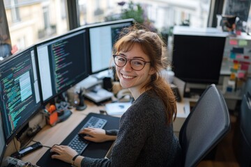 smiling female developer in glasses sitting at a desk with a computer,