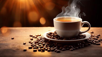 Aromatic Coffee Cup with Roasted Beans on Wooden Table, Warm Lighting