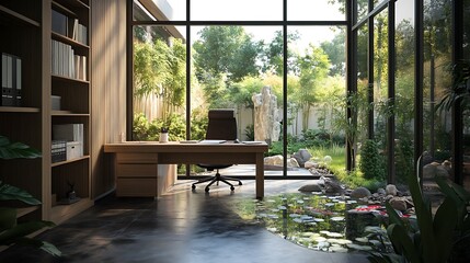 Serene Home Office with Koi Pond and Garden View