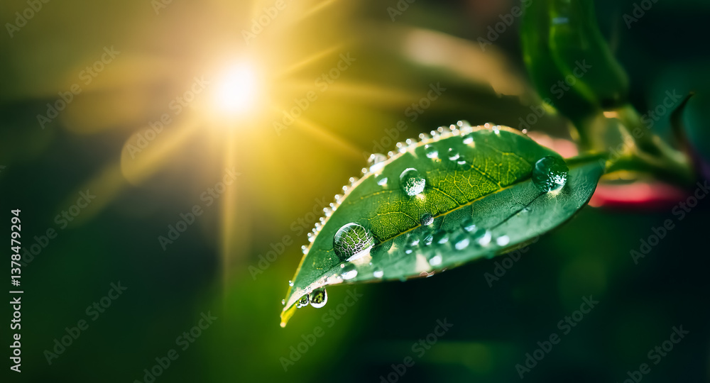Aufkleber sunlight illuminates a vibrant green leaf adorned with glistening water droplets. a blurred backgrou