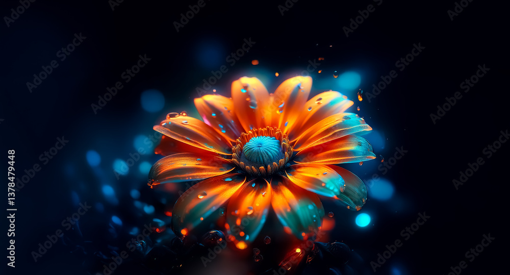 Aufkleber a luminous flower with orange and teal hues is centered on a dark background with bokeh lights. wate