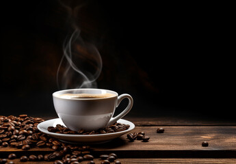 Aromatic Coffee Cup with Steam, Coffee Beans on Rustic Wooden Table