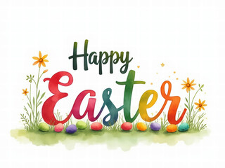 "Happy Easter" in Playful Multicolor Script with Easter Eggs & Flowers | Festive Spring Design | Concept of Easter Greetings, Holiday Cards, Seasonal Celebrations