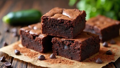 Delicious brownies made with chocolate and zucchini. Homemade sweet baked dessert with rich flavor and decadent texture. Perfect snack, food, cake with chocolate chips. Brownie pieces.