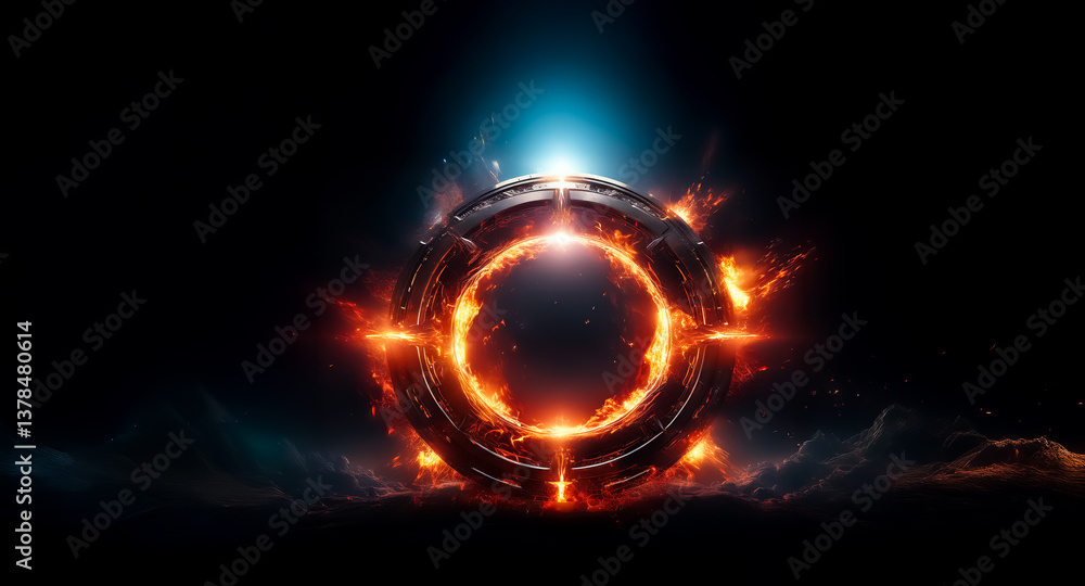 Poster a fiery circular portal glows intensely against a dark backdrop, radiating energy with sparks and vi