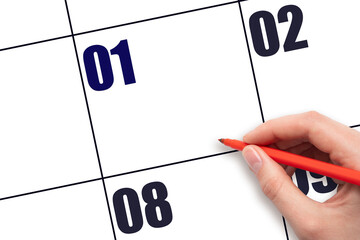 Calendar date 1. A hand holding a red pen is about to write text on an empty white calendar page...