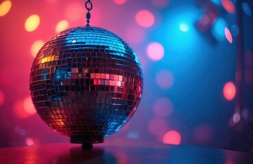 Obraz premium Disco ball with colorful lights for party nights. Sphere reflects blue and red colors, creating festive mood. Shiny mirrored surface on black background. Nightclub music, dancing, celebration.