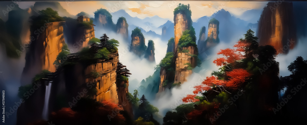 Poster a scenic vista unfolds with towering mountain peaks piercing through the misty atmosphere. lush tree