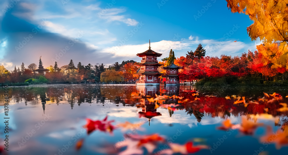 Poster a serene pagoda stands in a lake reflecting autumn foliage under a blue sky with clouds. colorful le