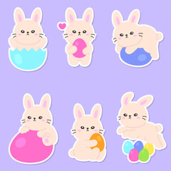 Cute Easter Bunny Stickers with Festive Eggs and Sweet Expressions