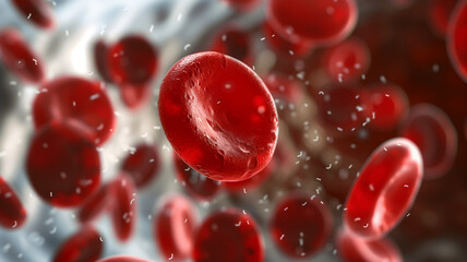 The illustration features AI-generated synthetic blood cells using advanced nanotechnology.