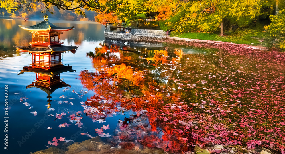 Poster a vibrant pagoda reflects in a serene lake, surrounded by colorful autumn trees. fallen leaves float