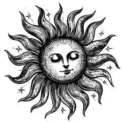 Sun character with face, medieval style astrology illustration, black and white vintage engraving