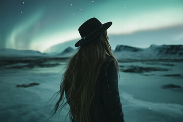 A photo of A long-haired woman wearing a warm hat standing on icy terrain, with the Aurora Borealis glowing in the dark Icelandic sky over a frozen lake.