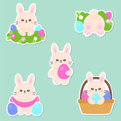 Kawaii Easter Bunny Stickers with Eggs, Flowers, and Baskets in Soft Pastel Colors