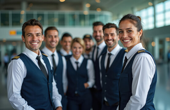 Diverse flight crew portrait smiles. Group of airline pilots, flight attendants. Aviation professionals ready for takeoff. Teamwork collaboration. Positive faces. Air travel industry, customer