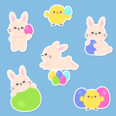 Playful Easter Bunny and Chick Sticker Collection with Colorful Eggs in Cute Cartoon Style